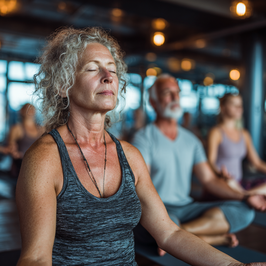 Люди старшого віку займаються йогою